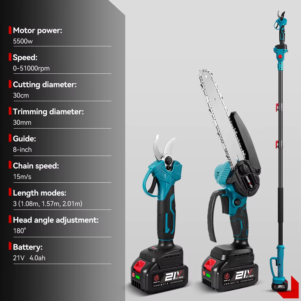 Onevan akutoitega oksasaag ja oksakäärid teleskoopvarrega 3-in-1 8" – 2akut, sobib Makita 18V akudele - Image 4