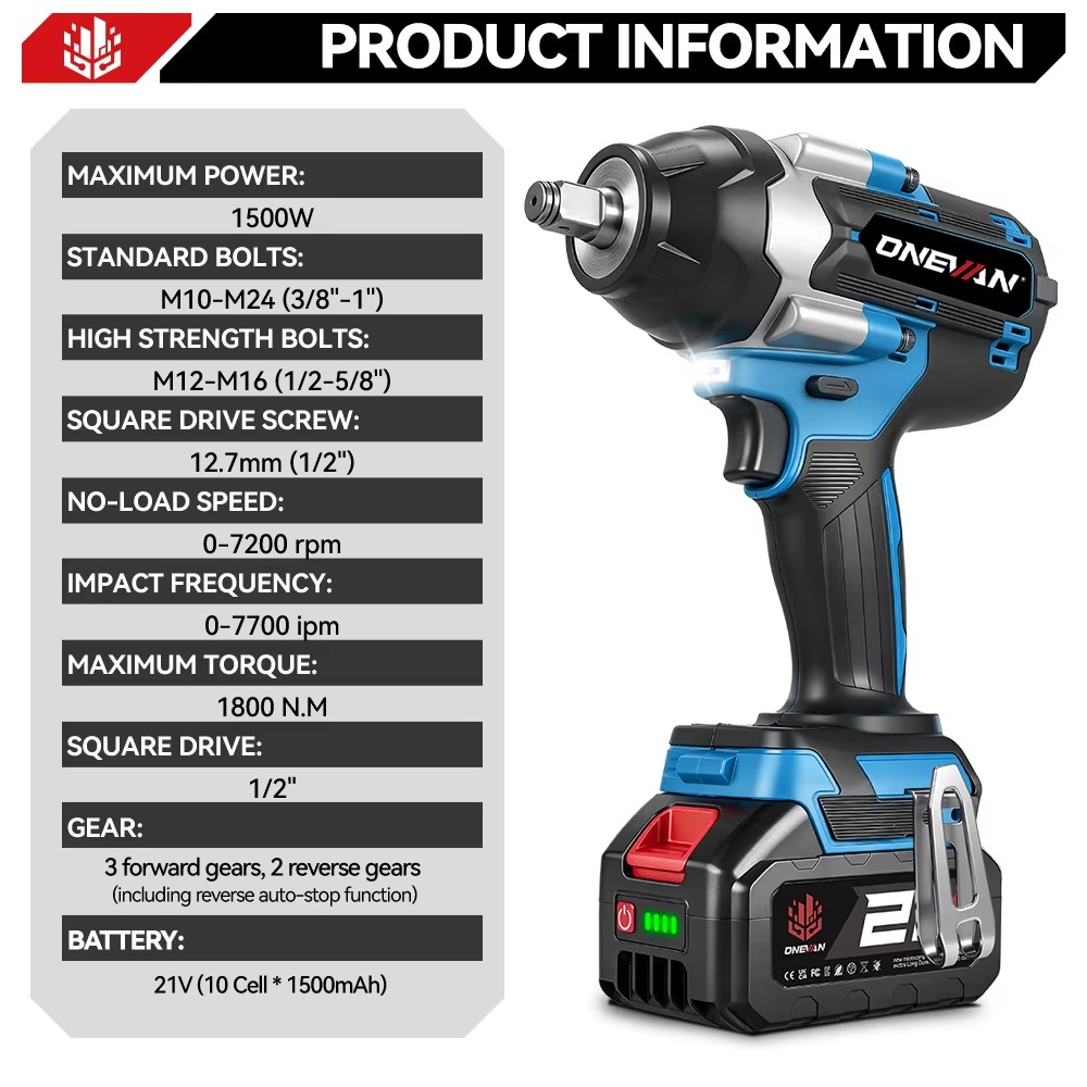 Onevan Akulöökmutrikeeraja 1800Nm 1/2″ – Ühilduv Makita 18V Akudega - Image 3