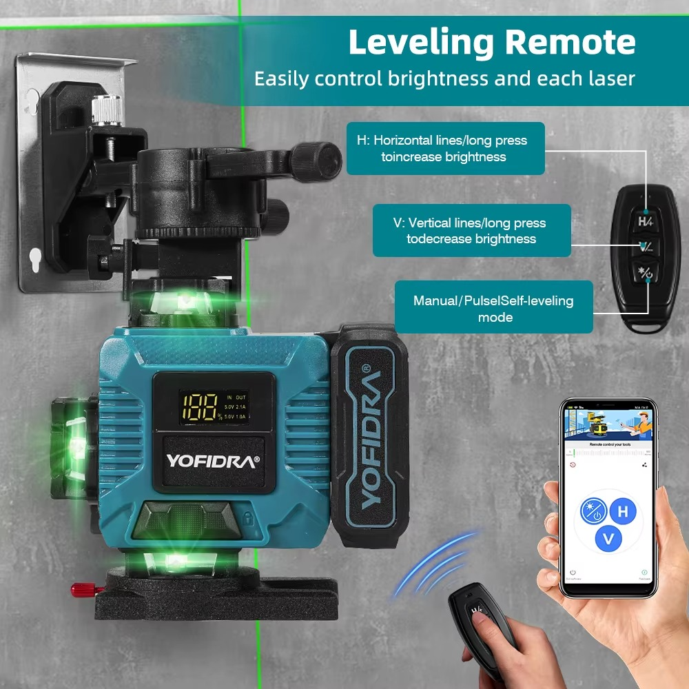 Yofidra 4D laserlood 16 joont 360° – isenivelleeruv ristlaser statiiviga, pult + äpp, 2 akut, IP54 - Image 6
