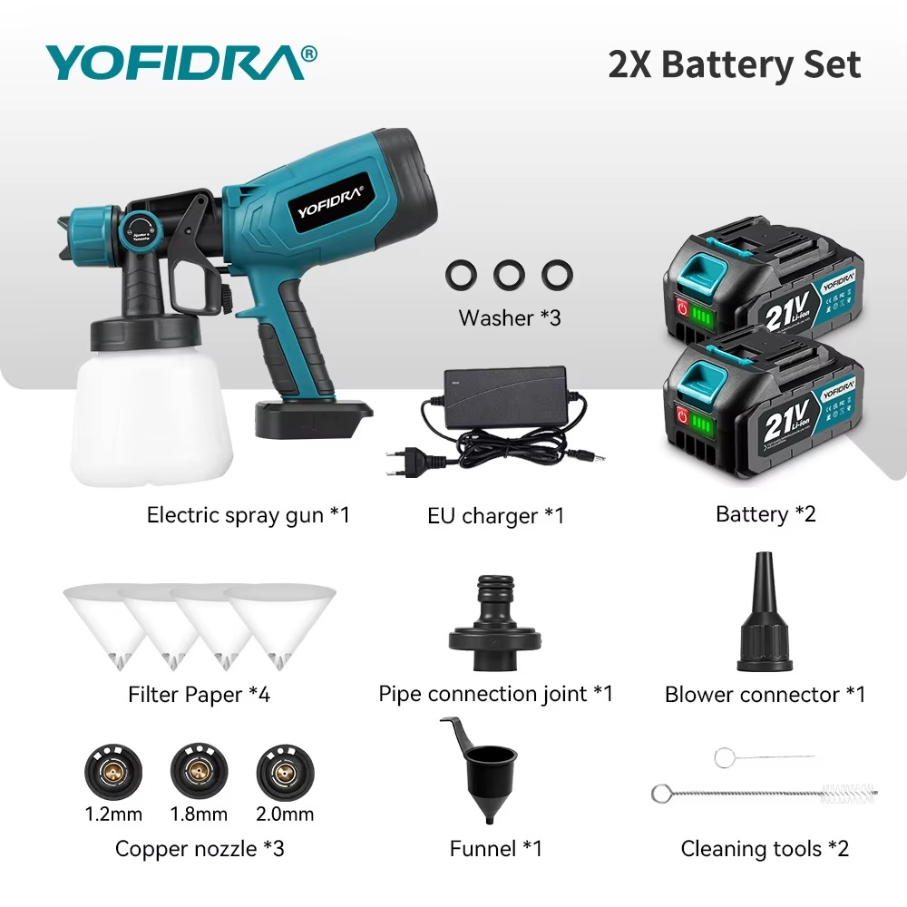 Yofidra akutoitega värvipihusti 1000 ml – 2 akut, Makita 18V akude sobivus - Image 6