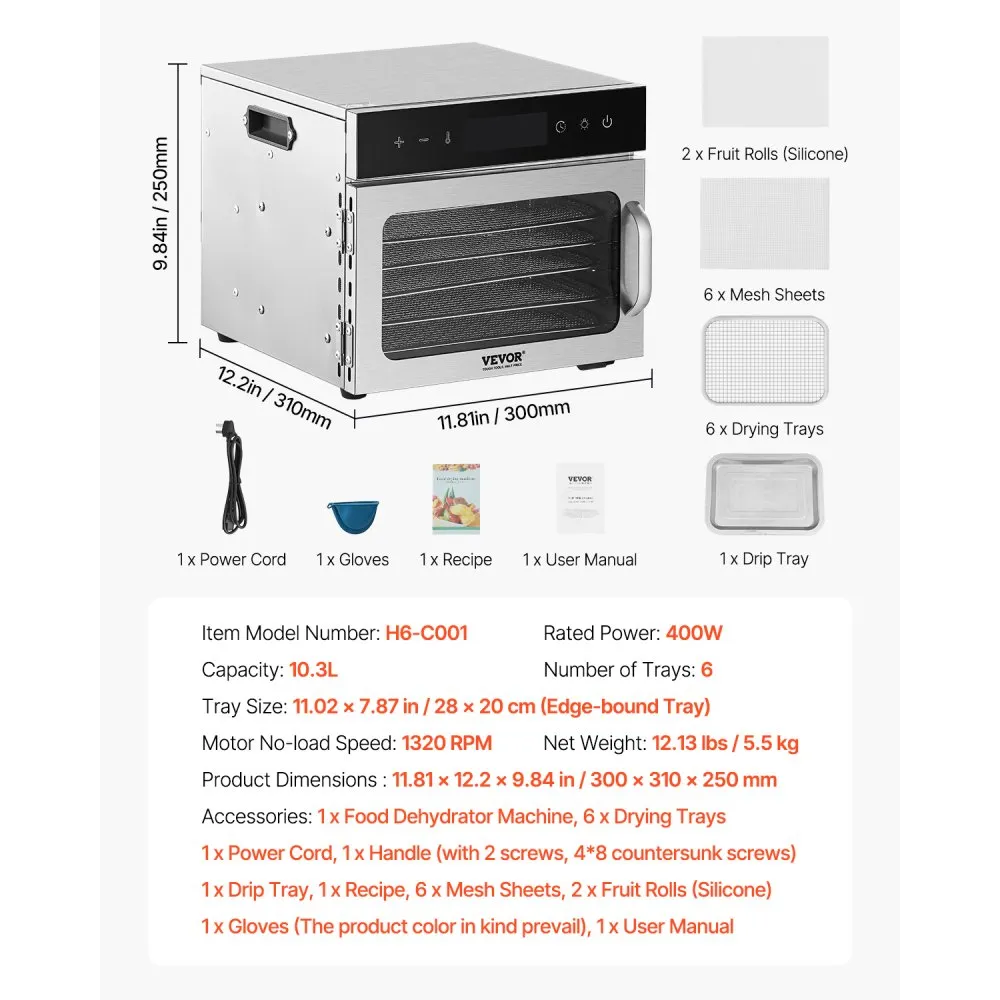 Elektriline Toidukuivati (400 W, 6 Roostevabast Terasest Alust, 30-90 °C) – toote pilt 6