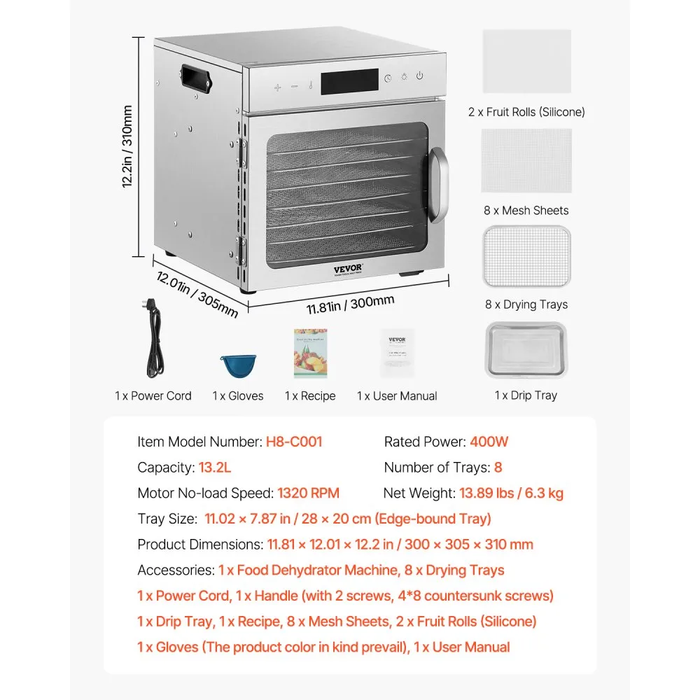 Elektriline toidukuivati (400 W, 8 roostevabast terasest alust, 30–90 °C) – toote pilt 6