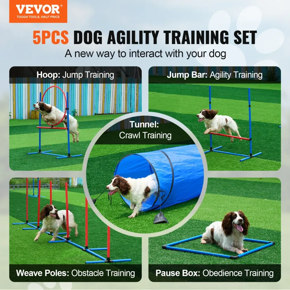 Koerte agility treeningkomplekt (5-osaline, reguleeritavad tõkked, tunnel) – toote pilt 1