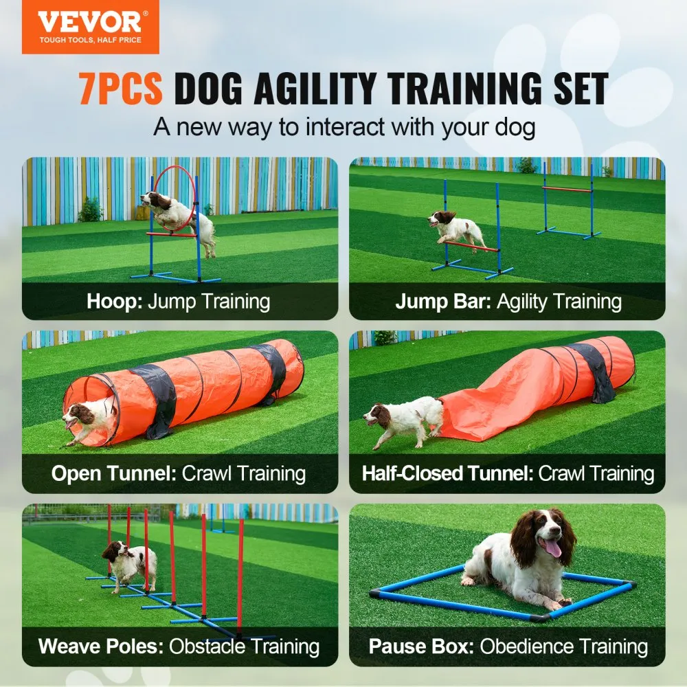 Koerte agility treeningkomplekt (7-osaline, reguleeritavad tõkked, 2 tunnelit) – toote pilt 1