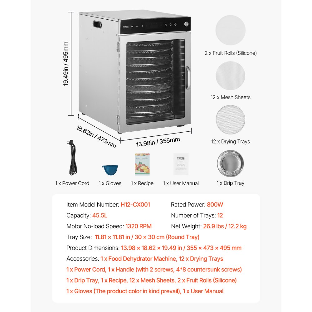 Toidukuivati pöörlev 12-kihiline (800 W, 30–90 °C) – toote pilt 6