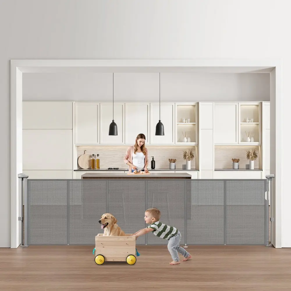 tõmmatav turvavärav lastele lemmikloomadele – Tõmmatav turvavärav (87 cm kõrgus, kuni 280 cm laius, hall)