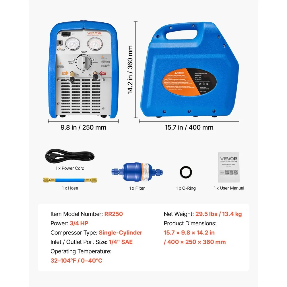 Kaasaskantav Külmaaine Taastamismasin (0,75 Hj, 220-240V, 1450 p/min) – toote pilt 6