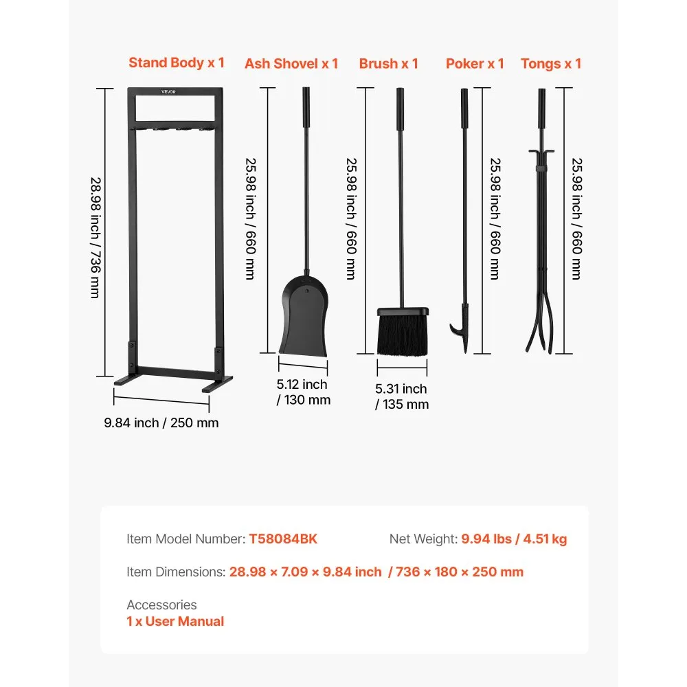 Kaminatarvikute komplekt (5-osaline, sepistatud raud, must) – toote pilt 6
