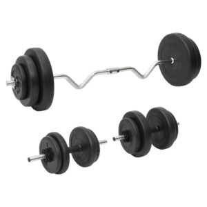 painutatud kangi hantlite komplekt 60 kg – Painutatud kangi ja hantlite komplekt (60 kg, terasest vardad, tsemendist kettad)
