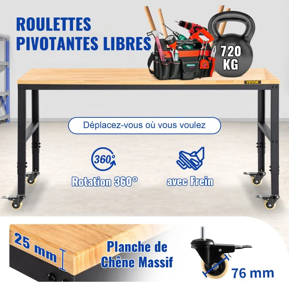 Reguleeritav töölaud (122 cm, 720 kg kandevõime, pöörlevad rattad) – toote pilt 4