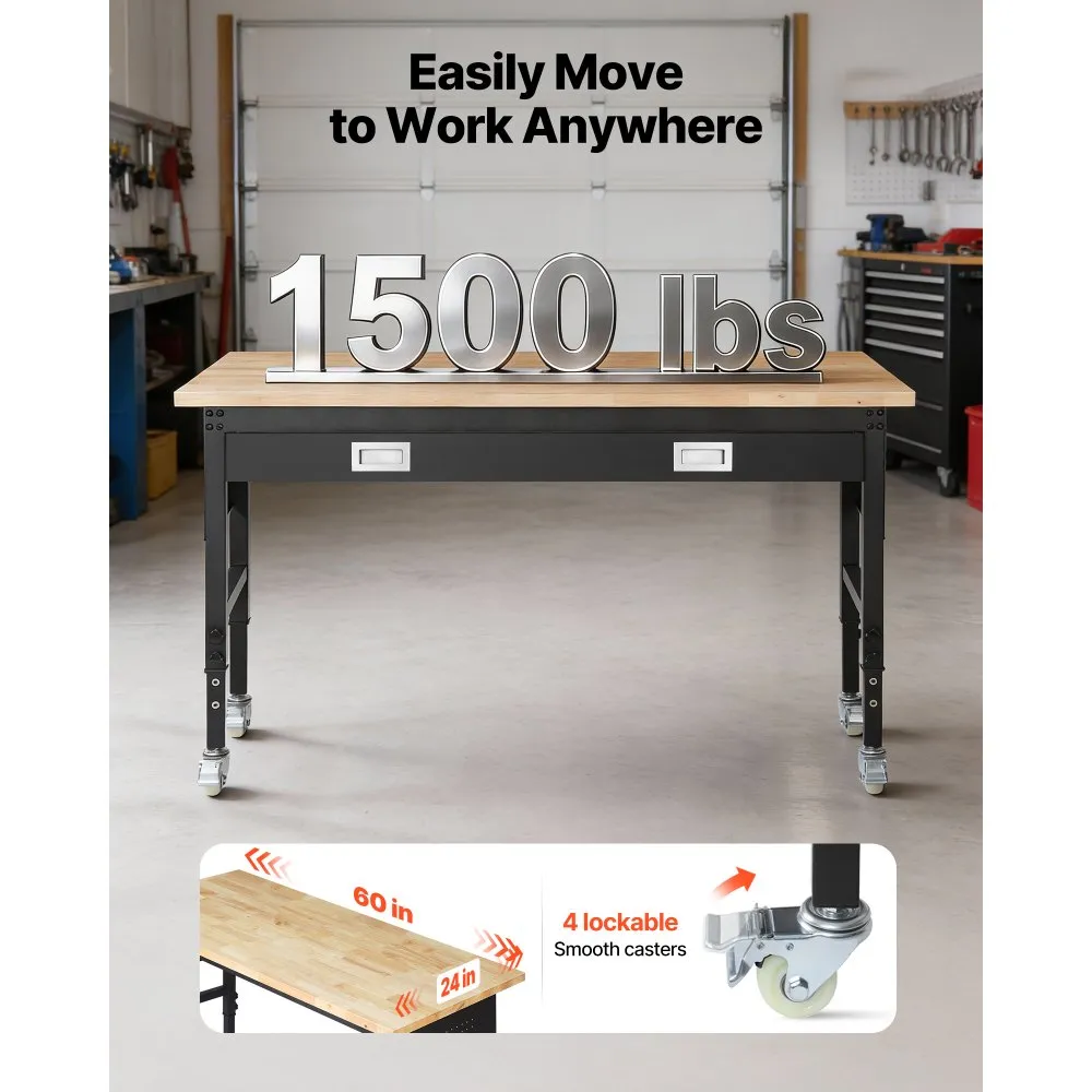 Reguleeritav töölaud sahtliga (152,4 cm, 680 kg kandevõime, ratastega) – toote pilt 1