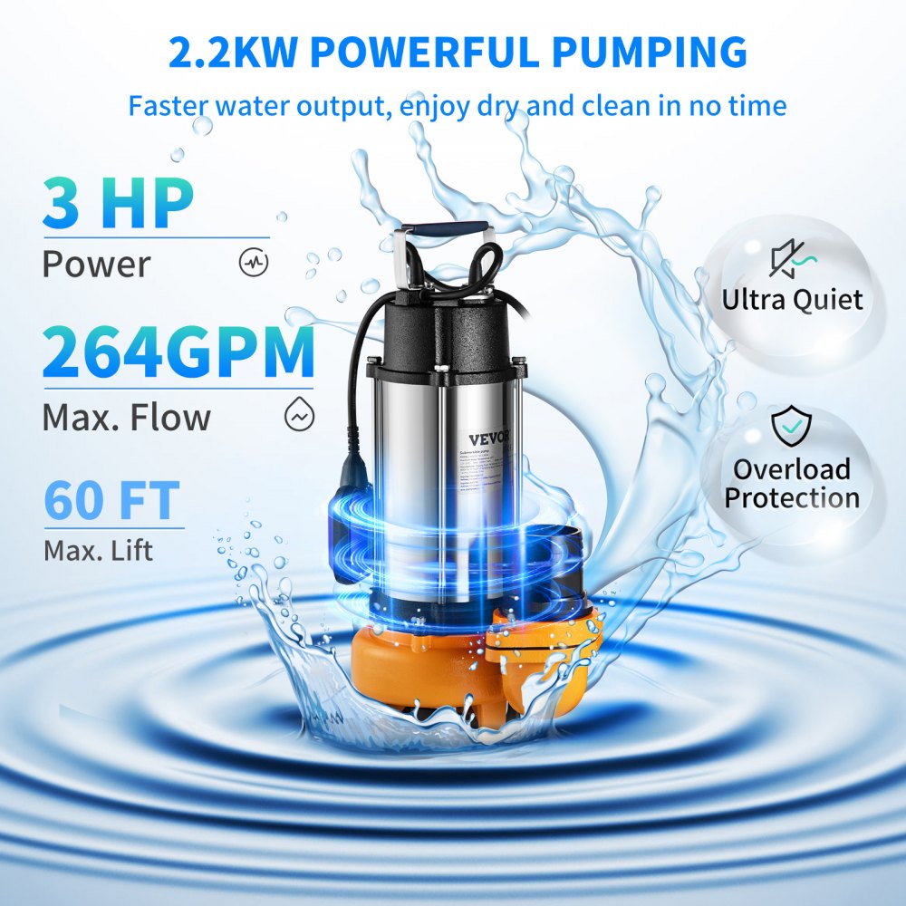 Sukelpump (2200 W, 60 000 L/h, 8 m Kaabel, Automaatne Ujuklüliti) – toote pilt 2