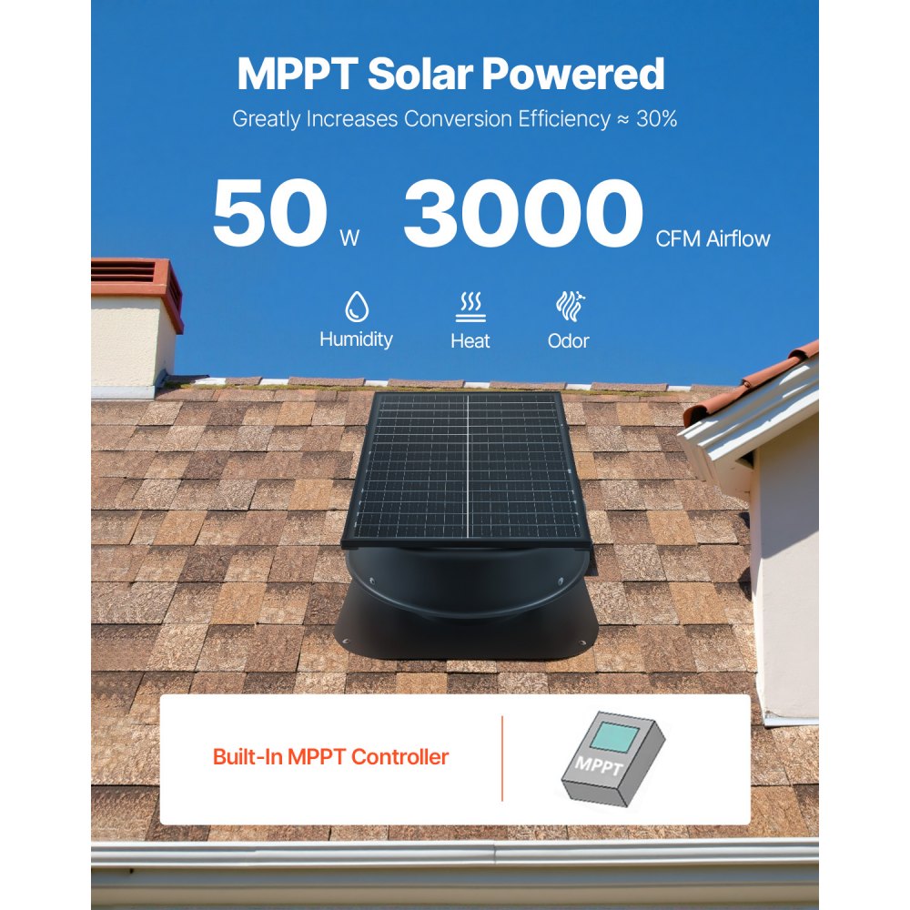 Päikeseenergial töötav katuseventilaator (50 W, 3000 CFM, kaugjuhtimispult) – toote pilt 1