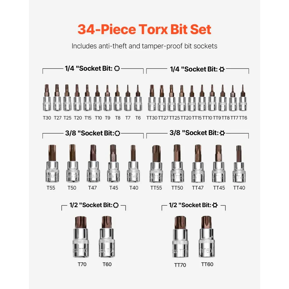 Torx Padrunvõtmete Komplekt (34 Tk, S2 ja Cr-V Teras, 0,6 cm, 1 cm ja 1,3 cm) – toote pilt 2